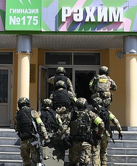 Бойцы спецназа ФСБ заходят в здание гимназии № 175 после инцидента