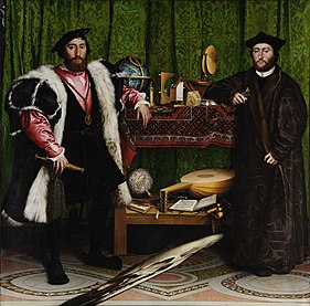Анаморфоз: «Послы» (1553) Ганса Гольбейна-младшего. На переднем плане — сильно искажённый череп