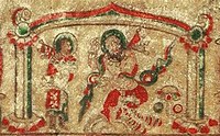Слева: мужчина держит тарелку с фруктами; справа: бородатый мужчина исполняет танец хутэн. Обе фигуры имеют нимбы. Могила Ю Хуна[en], VI век н. э.