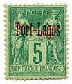 Лагос (1893): надпечатка «Port-Lagos» на марке типа Саж номиналом в 5 сантимов  (Sc #1)