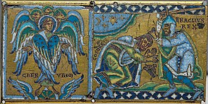 The right panel shows Emperor Heraclius, in armor, holding a sword and preparing to strike the submissive Khosrau. The left panel shows a cherub with palms open.