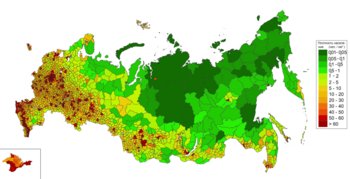 Плотность населения России по муниципальным образованиям на 01.01.2013 (данные республики Крыма и г. Севастополя на 2016 год)