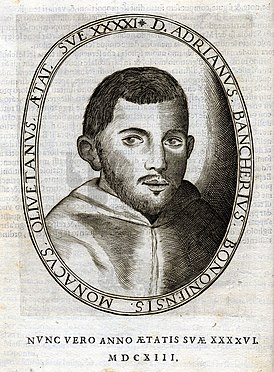 Надпись: Адриано Банкьери, оливетанский монах из Болоньи, в возрасте 45 лет