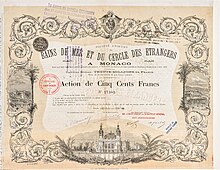 Акция на 500 франков Анонимного общества "Société Anonyme de Bains de Mer et du Cercle des Étrangers à Monaco", операционной компании казино Монте-Карло, выпущенная 10 февраля 1884 года