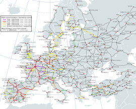 Высокоскоростные магистрали Европы 310−320 км/ч 270−300 км/ч 240−260 км/ч 200−230 км/ч  <200 км/ч