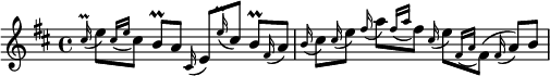 
\transpose g a {   %将C调转为E调，显示效果与固定调写法相同
  \relative c'' {
     \key c \major  \autoBeamOff  
      \appoggiatura b16^\prall d8[\appoggiatura { b16[d] } b8] a^\prall[g]  \appoggiatura b,16 d8[\appoggiatura d'16^\prall b8] a^\prall[\appoggiatura e16 g8]
      \appoggiatura a16 b8[\appoggiatura b16 d8] \appoggiatura e16 g8[\appoggiatura { e16[g] } e8] \appoggiatura b16 d8[\appoggiatura { e,16[g] } e8]( \appoggiatura e16 g8)[a]
  }                                 
}
