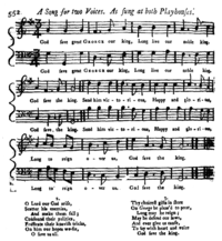 Публикация одной из первых версий гимна в The Gentleman's Magazine, 15 октября 1745 года. Название, приведённое в оглавлении — «God save our lord the king: A new song set for two voices»