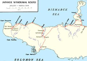 Map of western New Britain with tracks and settlements involved in the Japanese withdrawal marked on it