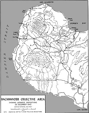 Black and white map showing military positions and tracks on a peninsula