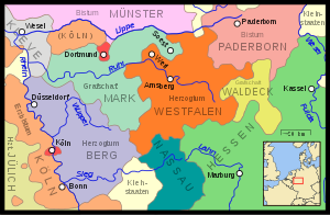 Герцогство Вестафалия и другие западные немецкие государства в 1645 году.