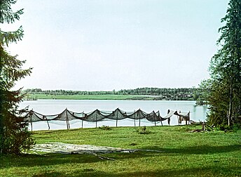 «Сушка сетей на озере Карякина» Фото С. М. Прокудина-Горского. 1910. Снимок сделан с юго-восточного берега озера Двинец