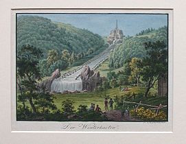 Гравюра с изображением памятника и горного парка Вильгельмсхёэ, примерно 1800 год.