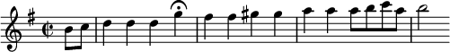 
\relative a' { 
\set Staff.midiInstrument = #"recorder"
\set Score.tempoHideNote = ##t
\tempo 4 = 145 
\key g \major
\time 2/2 
\partial 4 
b8 c
d4 d d g\fermata fis fis gis gis a a a8 b c a b2      }
