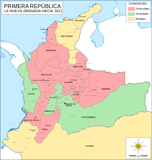 Новая Гранада в 1811 году. Красным цветом выделены провинции-«федералисты», зелёным — «централисты», жёлтым — «роялисты»
