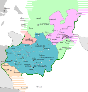 Тёмно-зелёным отмечены княжества, пославшие войска на Галич в 1144 году