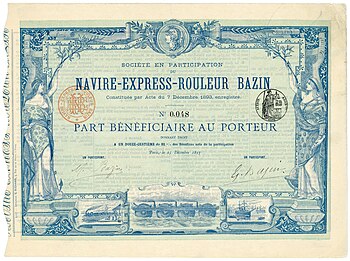 Сертификат о участии в Société en Participation du Navire-Express-Rouleur Bazin, выданный в Париже 15 декабря 1893 года, первоначально подписанный изобретателем Эрнестом Базеном и его братом и сотрудником Марселем Базеном