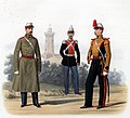 1862. Рядовой в походной форме, штаб-офицер и трубач в парадной форме.