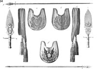 Офицерские знаки в Русской армии, Шарфы и Эспонтоны с 1732 по 1742 год: a и c Армейского и Гарнизонного офицера; b и d Армейского и Гарнизонного штаб-офицера; e Армейского и Гарнизонного офицера; f и g Гвардейского обер-офицера