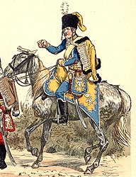 Прусский гусар в 1763 году, на ташке - вензель Фридриха Великого