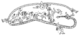 Рисунок с камня Сигурда (Sö 101 — так называемая резьба из Рамсунда), описывающий события саги