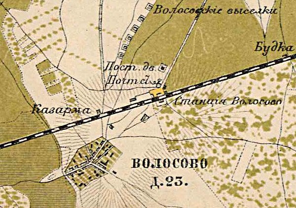 Деревня и станция Волосово на карте 1885 года