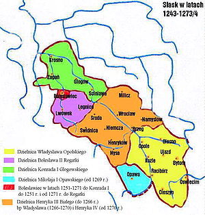 Силезия в XIII веке. Опавское княжество выделено голубым цветом