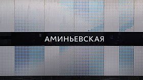 Название станции с шрифтовым написанием студии Артемия Лебедева на путевой стене