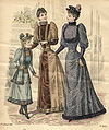Утренние платья 1892 года с низким уровнем талии, высокими воротниками и модными рукавами, юбка сзади более пышная.