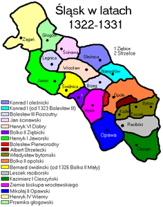 Силезия в 1322—1331 годах. Зембицкое княжество закрашено темно фиолетовым цветом