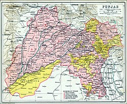 Патиала и другие княжеские государства в Пенджабе (показаны желтым цветом) в Imperial Gazetteer of India (1909)[1]