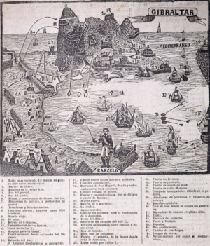 Осада Гибралтара, 1779; гравюра, хотя исторически неточная, явно передаёт отношение испанцев
