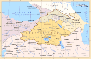 Кавказ между 750-885 годами, выше Великой Армении около границы в Бежевый оттенке является Иберийское княжеством