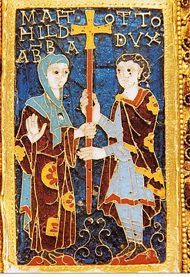 Матильда и Оттон I Швабский на миниатюре креста Оттона и Матильды. Эмаль