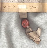 Печать сосновой смолой на велени, на метке или «хвосте» английского акта 1638 года