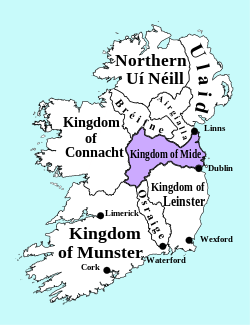 Основные королевства средневековой Ирландии. Красным цветом выделено королевство Миде, около 900 года