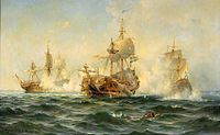 Картина Людвига Рихарда «Линейный корабль „Вахмейстер“ сражается против русской эскадры в 1719 году». На заднем плане «Ягудиил» и «Рафаил»