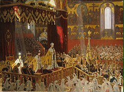 Коронация Николая II в Успенском соборе Кремля 14 (26) мая 1896 года (знамя правее императора). картина Лаурица Туксена.