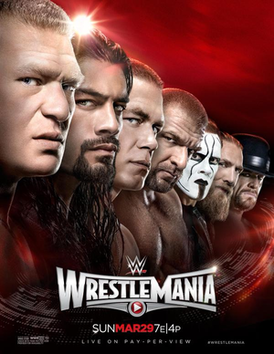 Официальный постер суперзвездами WWE на котором изображены слева направо:Брок Леснар, Роман Рейнс, Джон Сина, Трипл Эйч, Стинг, Дэниел Брайан, Гробовщик