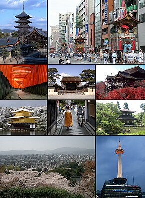 Сверху вниз, слева направо: То-дзи, Гион мацури в современном Киото, Храм Фусими Инари, Императорский дворец в Киото, Киёмидзу-дэра, Кинкаку-дзи, район Понто-тё и Майко, храм Гинкаку-дзи, Центр города Киото вид из района Хигасияма с Горной системы Хигасияма, Киотская башня