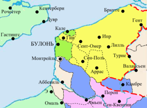 Булонское графство в середине XII века Территория графства Булонь  Прочие территории Фландрского графства  Англо-Нормандская монархия  Владения графов Вермандуа  Церковные земли