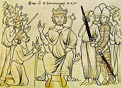 Беренгар II (стоит на коленях), выказывающий покорность Оттону I Великому