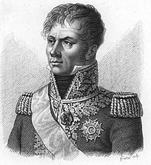 Print depicts a hatless and clean-shaven man with a confident look. Looking to the viewer’s left, he wears a dark military coat with epaulettes and a high collar with lots of gold braid.