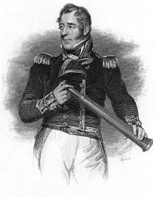 Print shows a man with sideburns in a dark military coat and white breeches looking to the viewer’s left. The naval officer holds a spyglass in both hands.