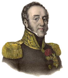 Portrait shows a haughty looking, clean-shaven man with long sideburns and a receding hairline. He wears a dark military uniform with gold epaulettes and a high collar trimmed with gold lace.