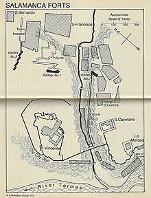 Map shows French forts in Salamanca that were forced to surrender in a siege that ended on 27 June 1812.