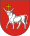 A coat of arms depicting a white bull with an angry expression and a golden cross protruding from its head all on a red background