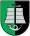 A coat of arms depicting a grey boat hovering over two partitions of grey water that are themselves hovering over a grey horn all on a green-and-black background