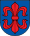 A coat of arms depicting a large, red fleur-de-lis that has a horizontal symmetry axis all on a blue background bordered by a black line