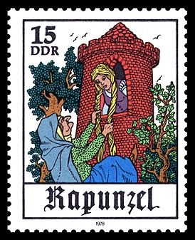 Иллюстрация Рапунцель и ведьмы на марке ГДР 1978 года