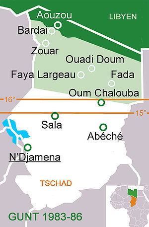 Тёмно-зелёный: полоса Аузу Светло-зелёный: часть Чада, контролируемая ППНЕ до 1987 Красные линии: 15-я и 16-я параллели